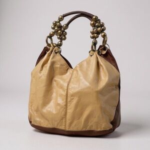 Boho Vegan Leather Wood Beaded Handle Satchel Shoulder Bag